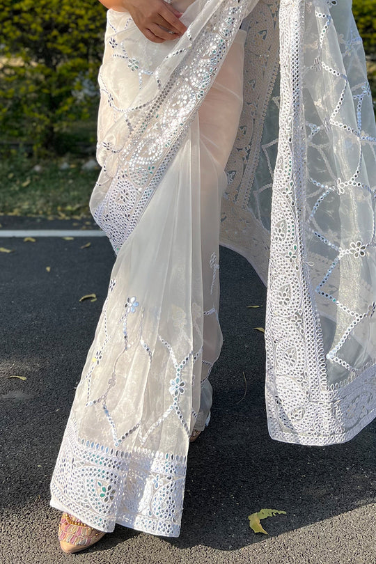 Pearl White Organza Saree