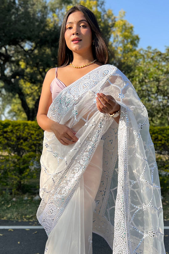 Pearl White Organza Saree