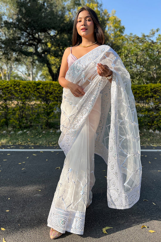Pearl White Organza Saree