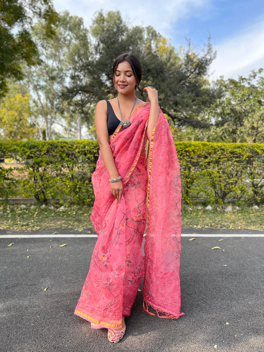 pink organza saree