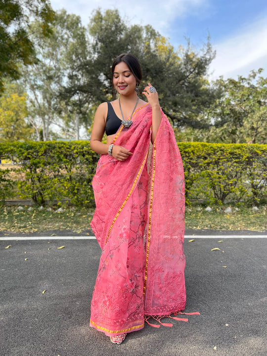 pink organza saree
