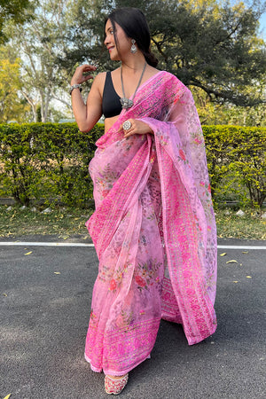 pink organza saree