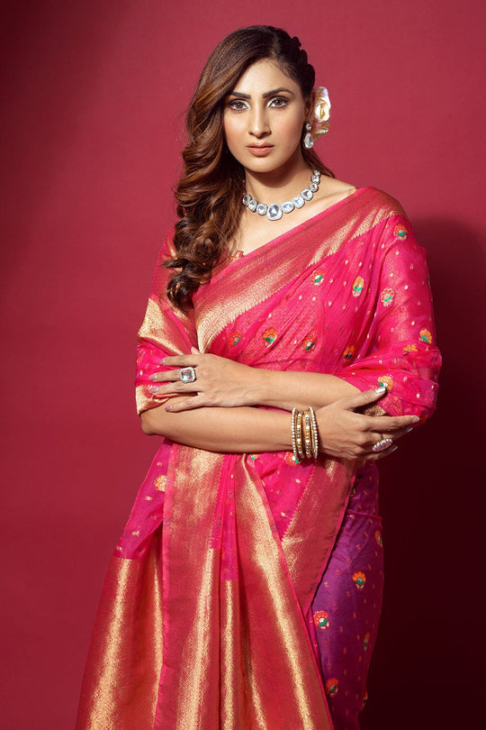 pink organza saree