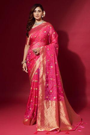 pink organza saree