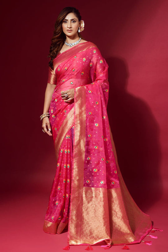 pink organza saree