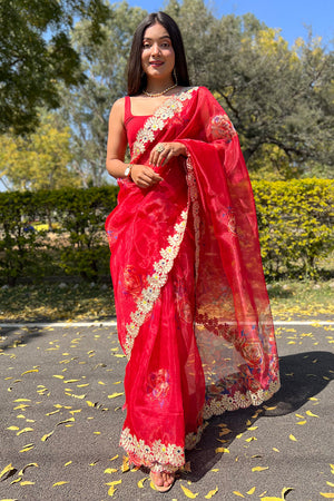 Scarlet Red Organza Saree