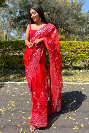 Scarlet Red Organza Saree