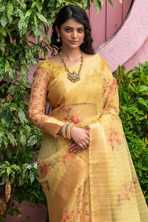 yellow organza saree