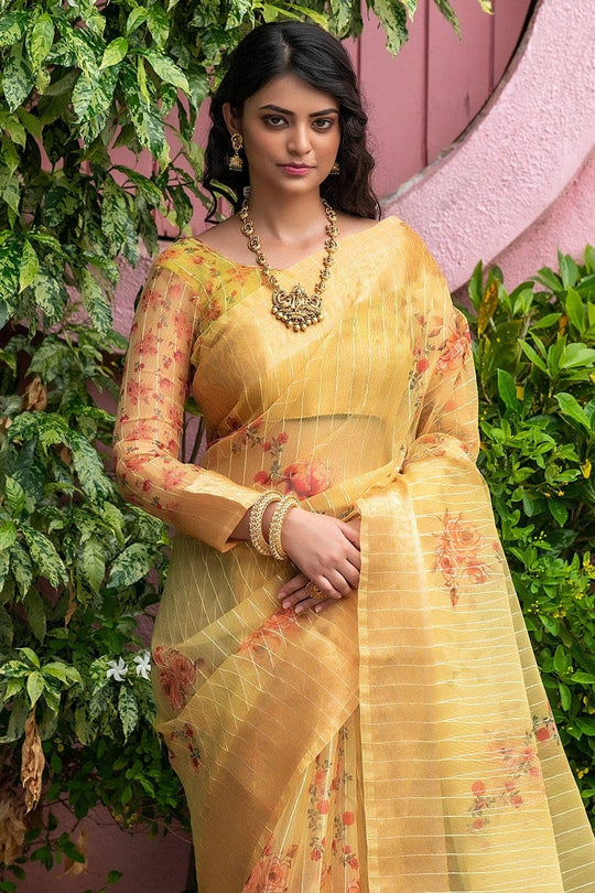 yellow organza saree