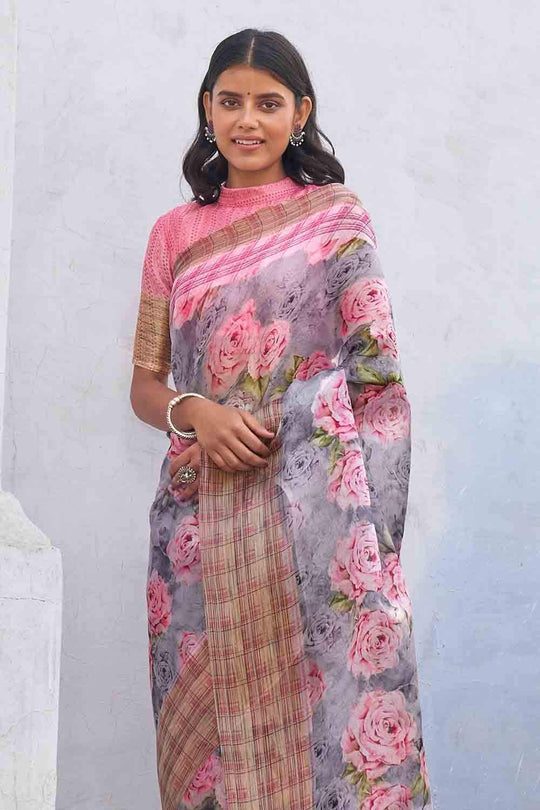 Silver Grey Organza Saree