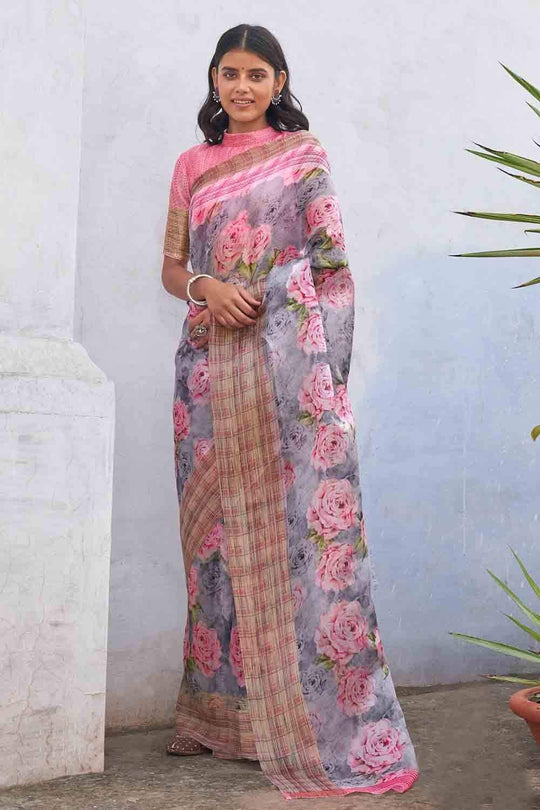 Silver Grey Organza Saree