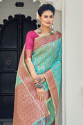 blue organza saree