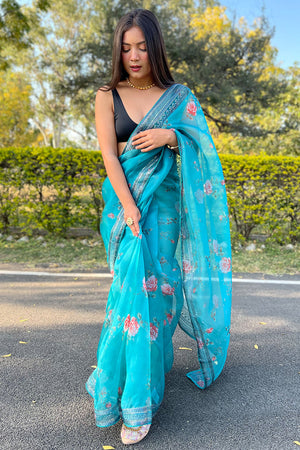 blue organza saree