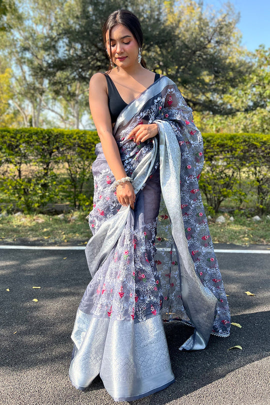 grey organza saree
