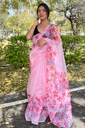 pink organza saree