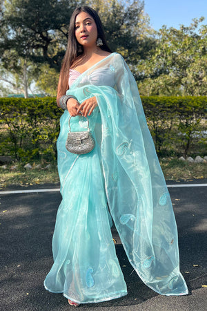 Turquoise Blue Organza Saree