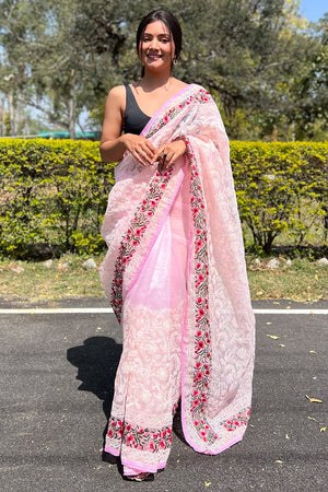 pink organza saree