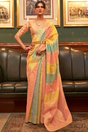 Yellow and Pink Multicolour Organza Saree