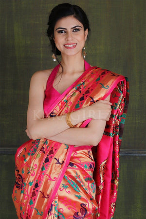 Ruby Pink Paithani - Ikat Saree