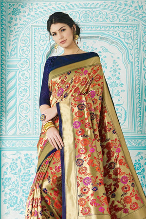 Antique Gold Blue Multicolor Woven Paithani Saree