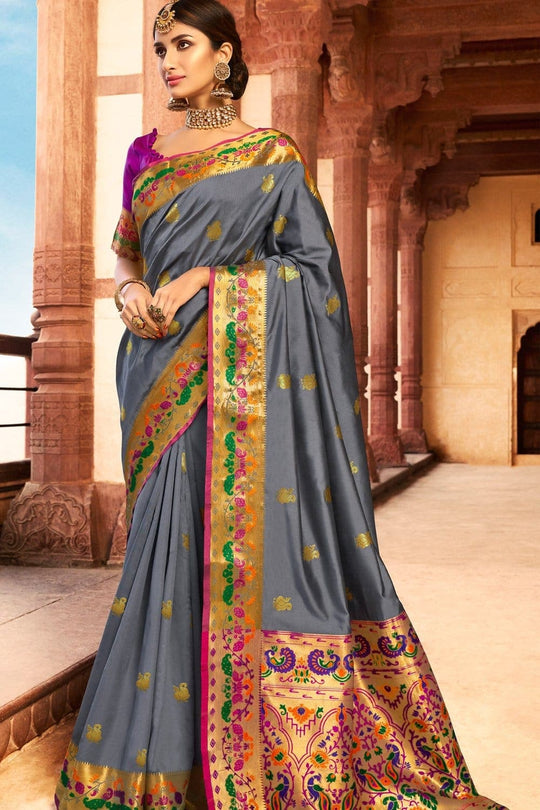 Ash grey woven Paithani Saree - Buy online on Karagiri - Free shipping to USA