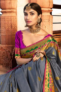 Ash grey woven Paithani Saree - Buy online on Karagiri - Free shipping to USA