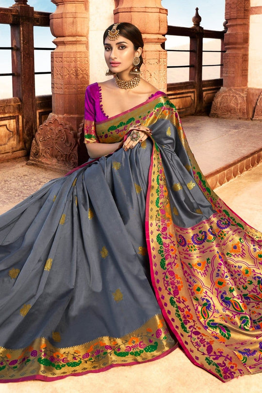 Ash grey woven Paithani Saree - Buy online on Karagiri - Free shipping to USA
