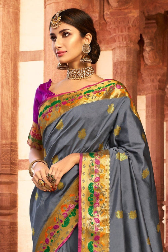 Ash grey woven Paithani Saree - Buy online on Karagiri - Free shipping to USA