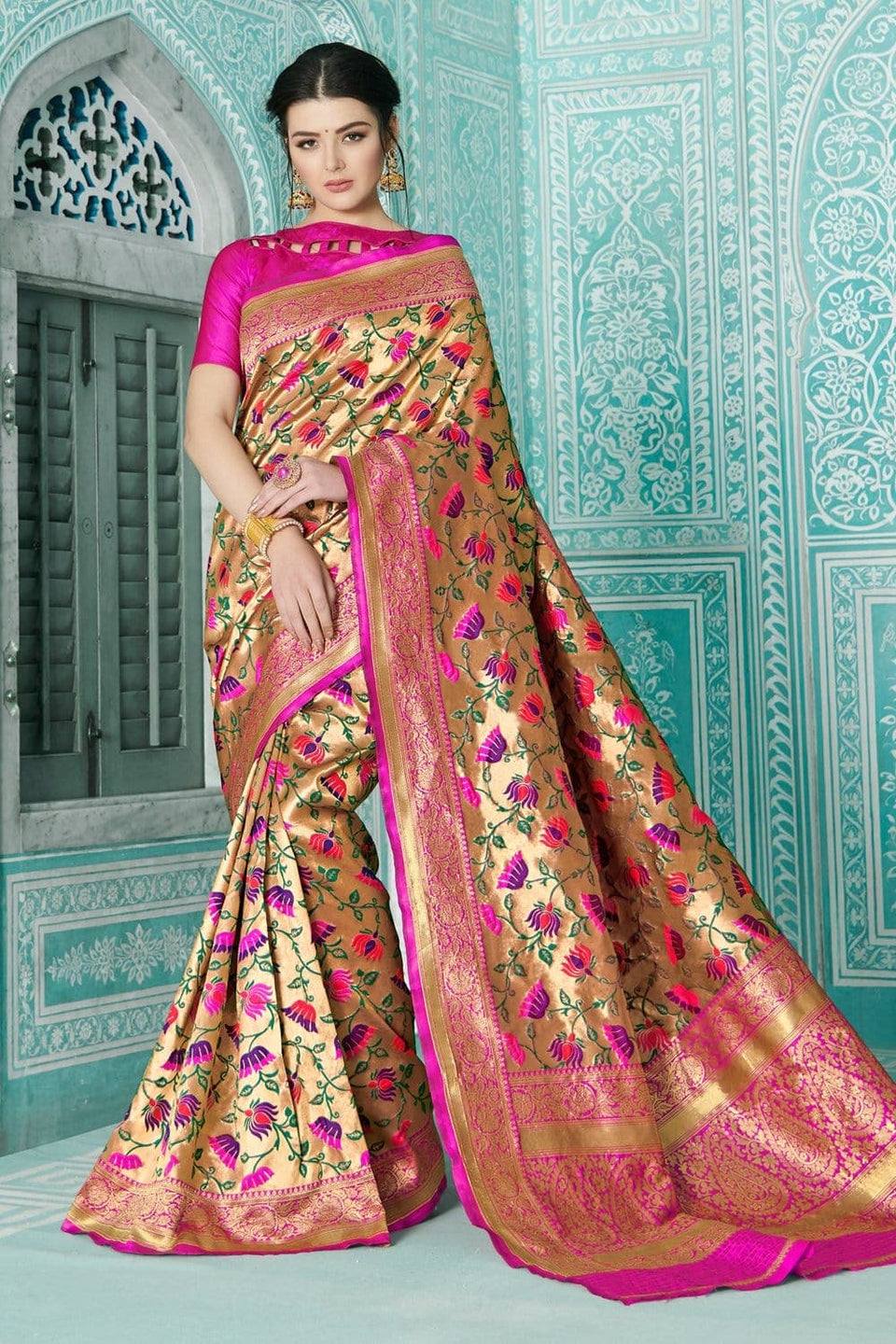 Buy the amazing Beige Gold Pink Multicolor Paithani Saree - Karagiri