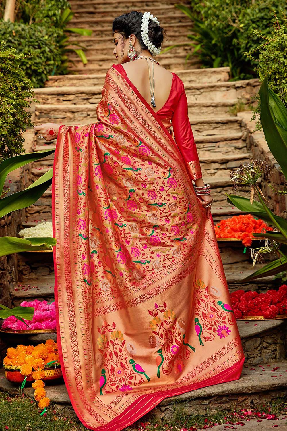 Crimson Red Golden Zari Kanjeevaram Silk Saree