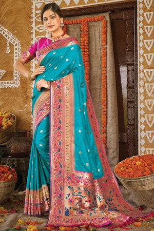 Cyan Blue Paithani Saree