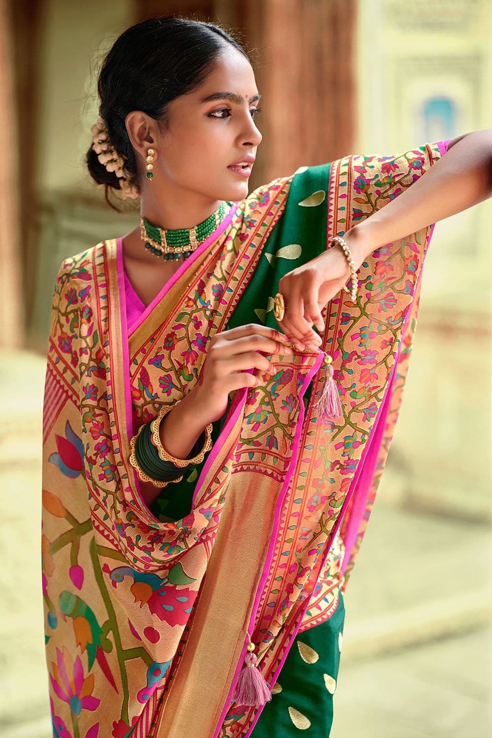 Gold Green Handwoven Mulberry Silk Paithani Saree - TheSareeStory