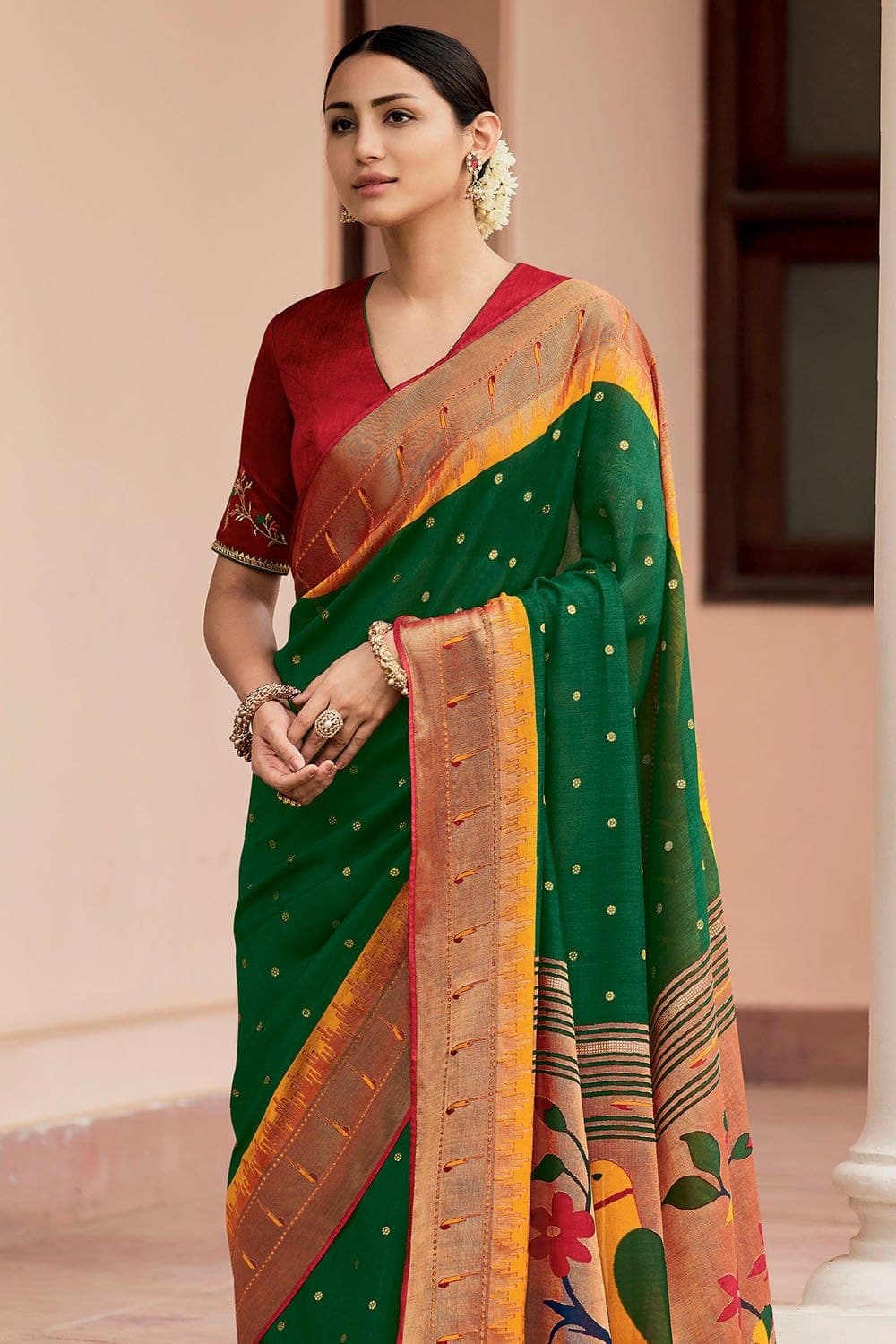 Dark Green Paithani Silk Saree – Ranjvani
