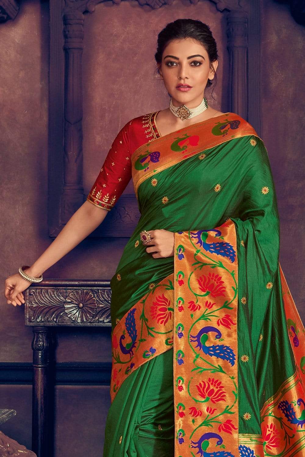 Green Paithani Saree, 5.5 m (separate blouse piece)
