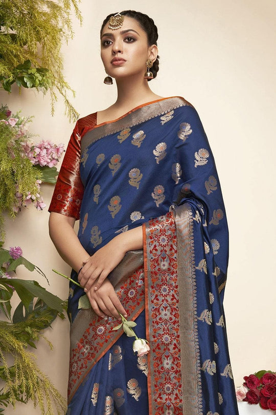 Paithani Saree Denim Blue Flower Butta Paithani Saree saree online