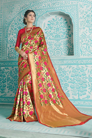 Fawn Gold Red Multicolor Woven Paithani Saree