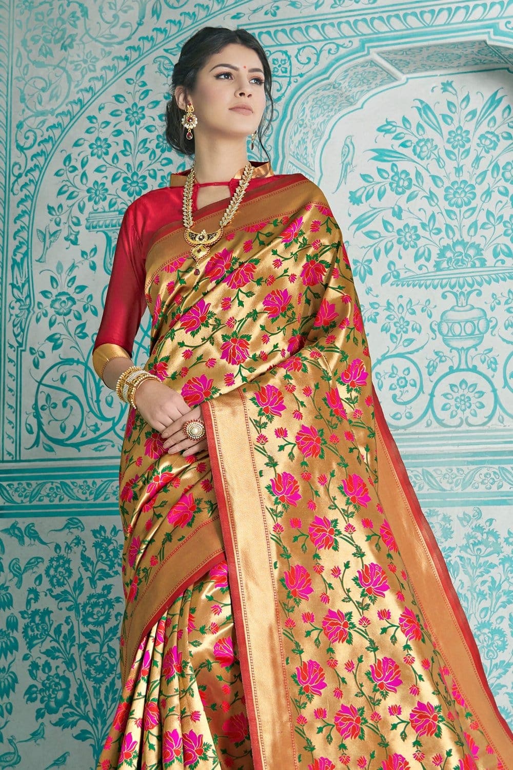 Paithani Saree Fawn Gold Red Multicolor Woven Paithani Saree saree online
