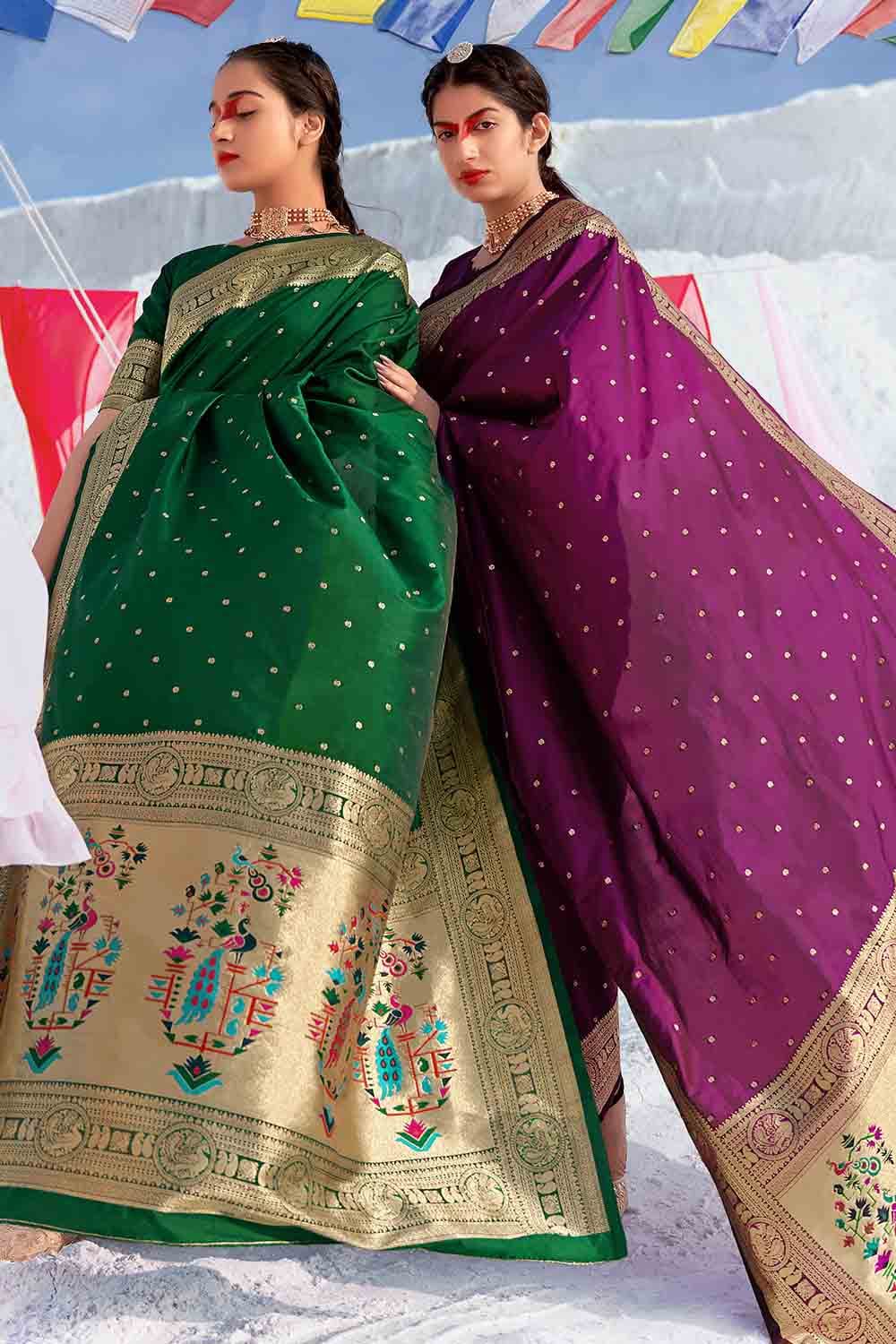 Buy hathdora creation Woven Paithani Jacquard, Art Silk Purple Sarees  Online @ Best Price In India | Flipkart.com