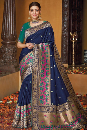 Gorgeous Navy Blue Gold Zari Woven Paithani Saree With Designer Blouse - From Paithani Brocade Fusion Collection