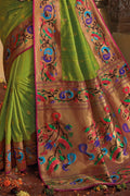 Paithani Saree Gracious Green Gold Zari Woven Paithani Saree With Designer Border And Blouse - From Paithani Brocade Fusion Collection saree online