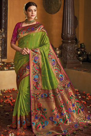 Gracious Green Gold Zari Woven Paithani Saree With Designer Border And Blouse - From Paithani Brocade Fusion Collection