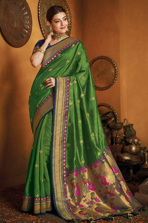 Grass Green Gold Zari Woven Paithani Saree With Designer Blouse - From Paithani Brocade Fusion Collection