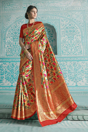 Latte Gold Red Multicolor Woven Paithani Saree