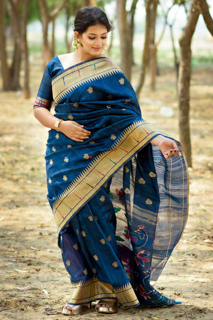 Oxford Blue Paithani Saree