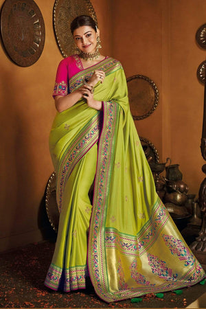 Parrot Green Gold Zari Woven Paithani Saree With Designer Blouse - From Paithani Brocade Fusion Collection