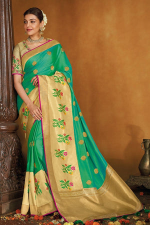 Pastel Teal Gold Zari Woven Paithani Saree With Designer Blouse - From Paithani Brocade Fusion Collection