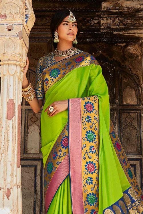 Women's Parrot Green Paithani Silk Woven Zari Work Traditional Tassle –  Trendia