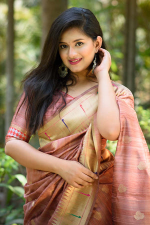 Red Cherrywood Brown Paithani Saree