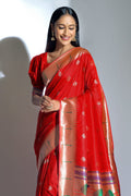 red silk saree, red paithani saree