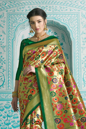 Tan Gold Green Multicolor Woven Paithani Saree
